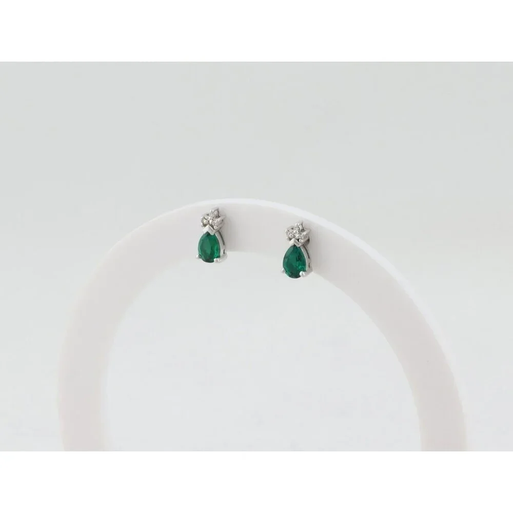 14k White Gold Lab Created Emerald & Diamond Earrings Stud Post Earrings 3/8" - Picture 7 of 9